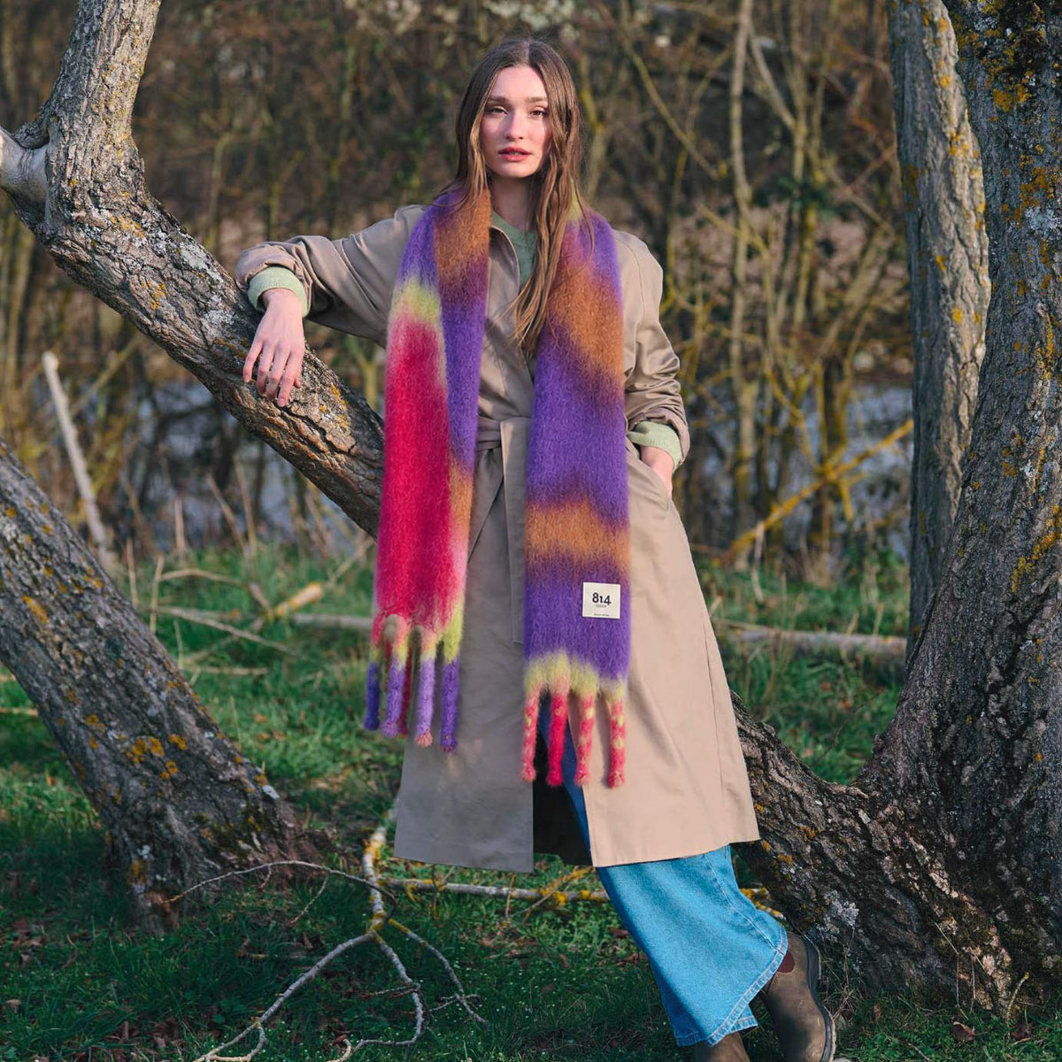 Colorful tie-dye mohair fringe scarf from 814 Ezcaray featuring vibrant wild violet hues and soft, textured fabric.