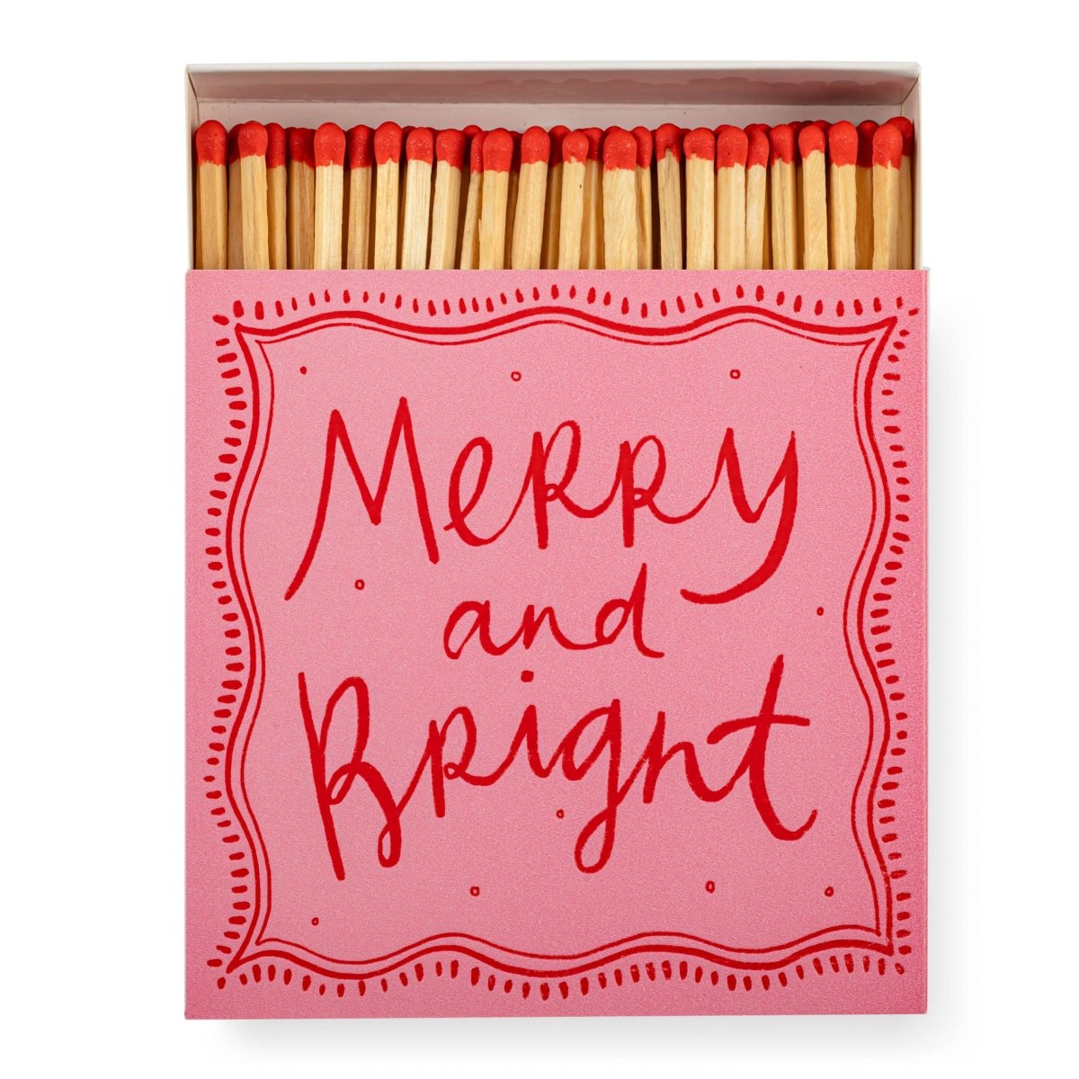 Square box of Merry & Bright Christmas safety matches by Archivist Gallery Europe, featuring festive holiday-themed design.