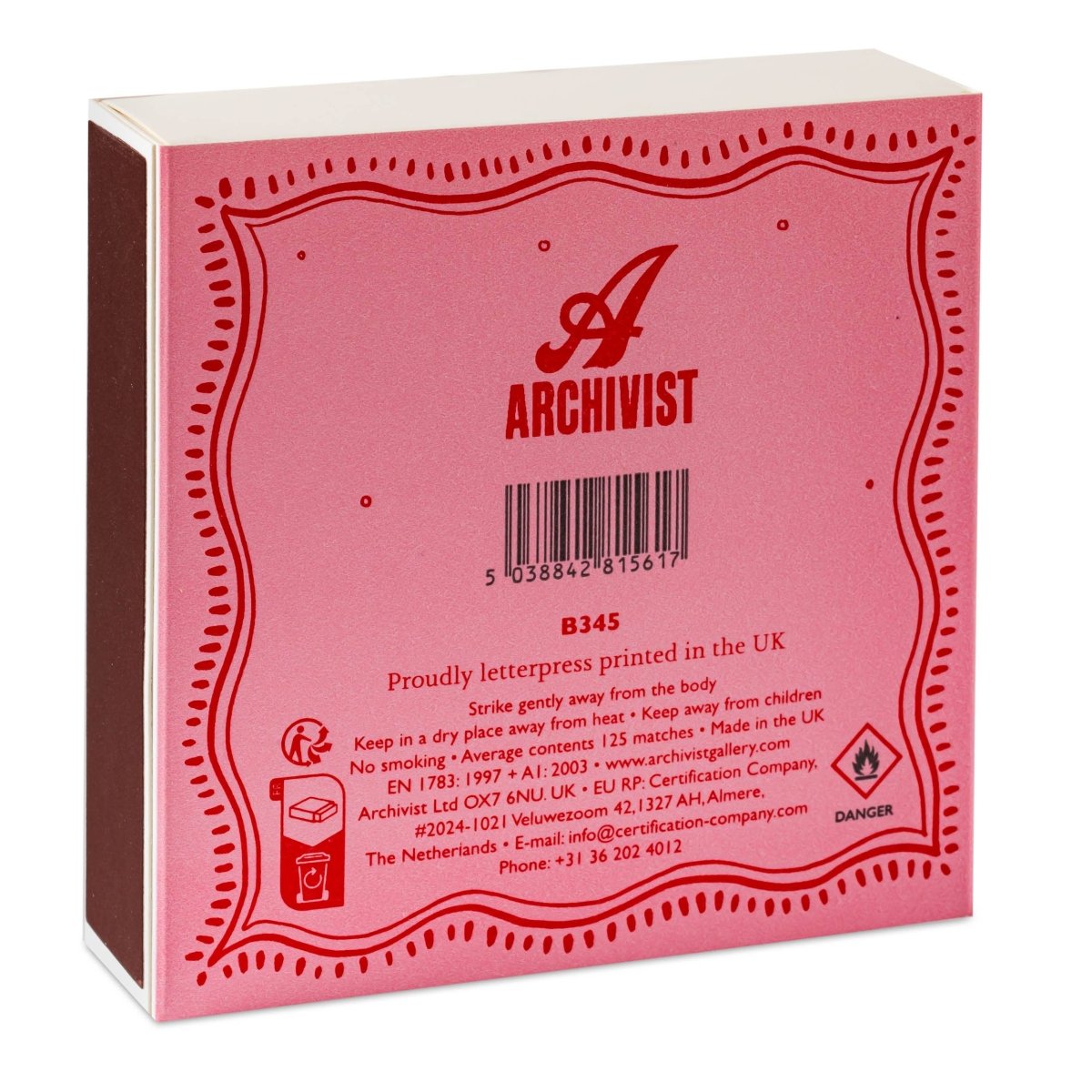 Square box of Merry & Bright Christmas safety matches by Archivist Gallery Europe, featuring festive holiday-themed packaging.