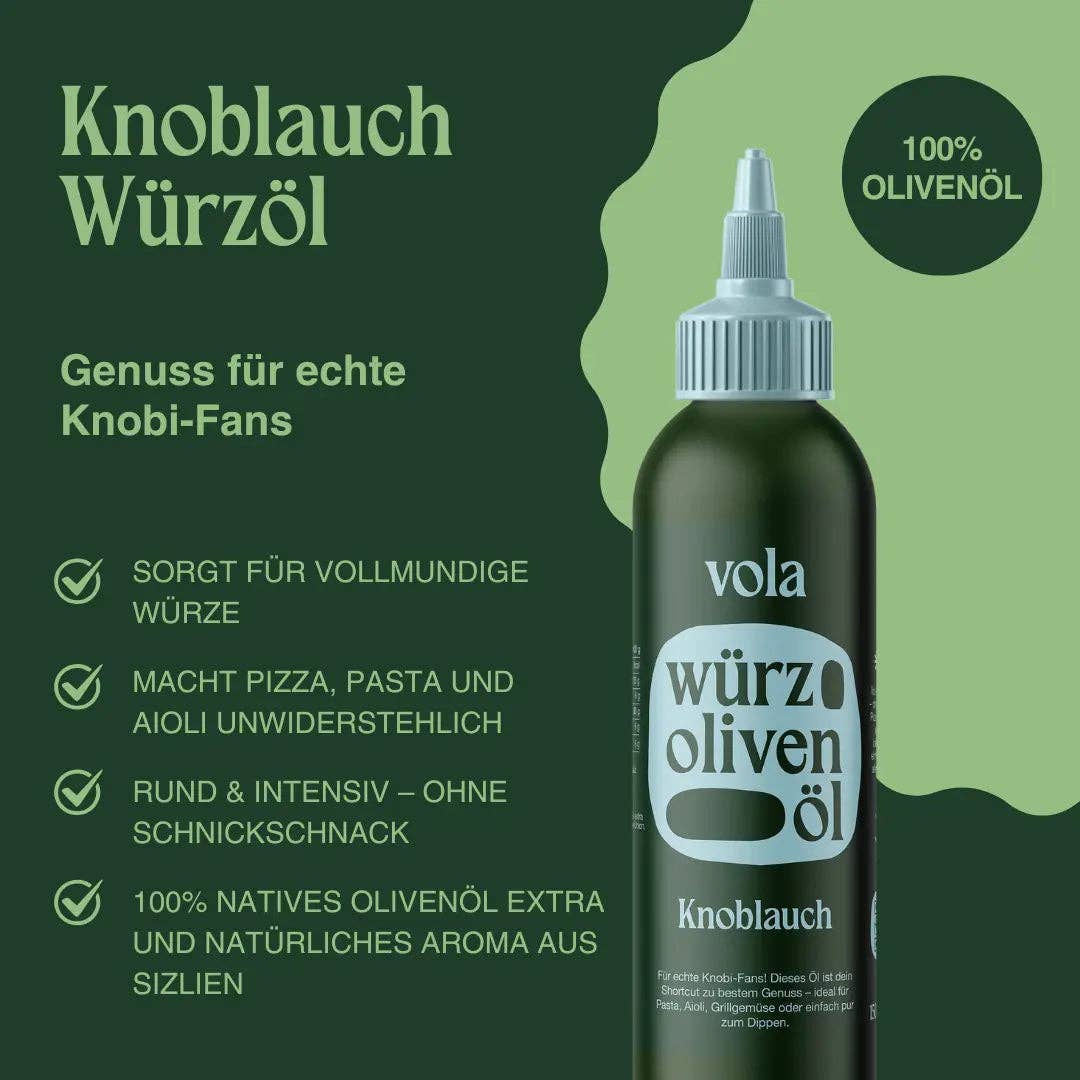 Vola garlic oil bottle with label, featuring a clear view of the intense olive oil infused with garlic in a glass container.