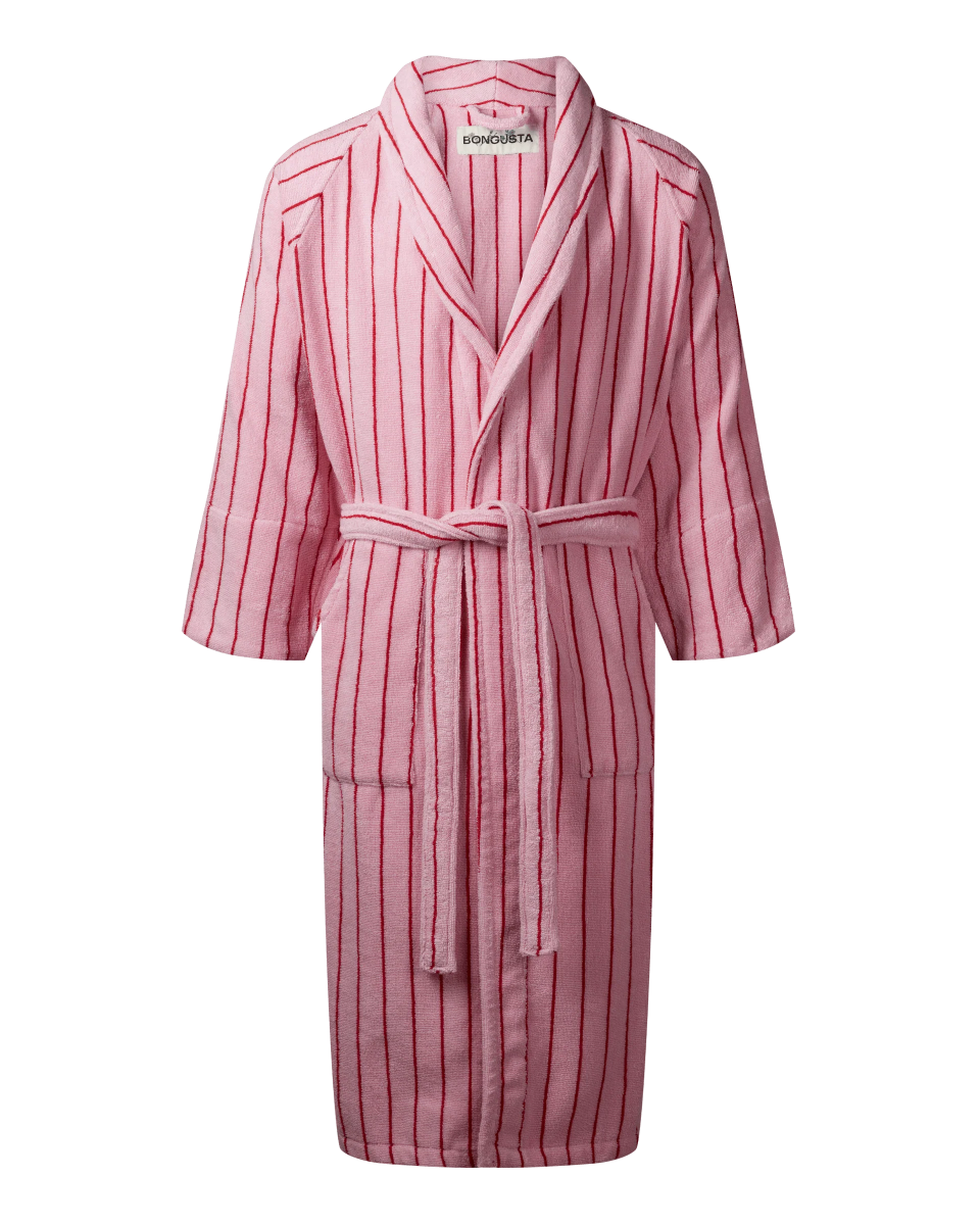 Bongusta Naram bathrobe in baby pink and ski patrol red, soft bathroom robe for comfort, displayed folded on a neutral background.
