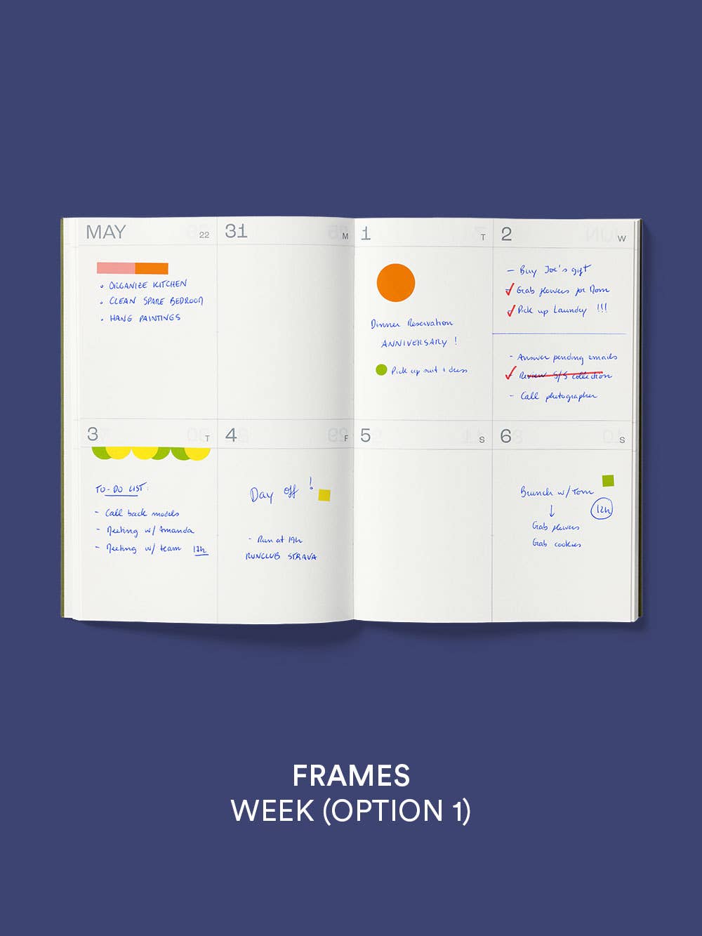 Olive green 2027 mishmash planner with time-block layout open on pages, showing daily schedule and date sections.