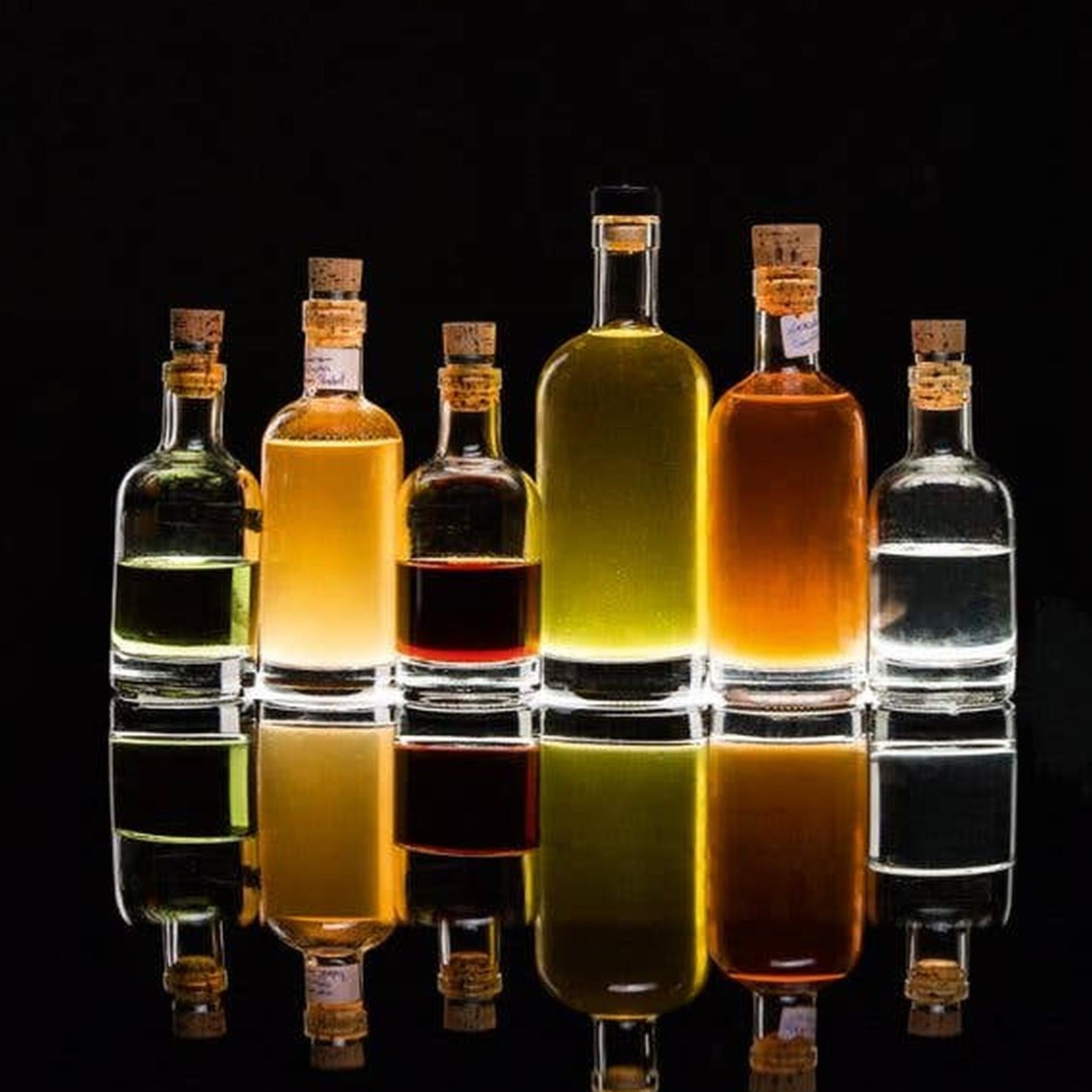 Set of bottles with different colored liquids on a black background