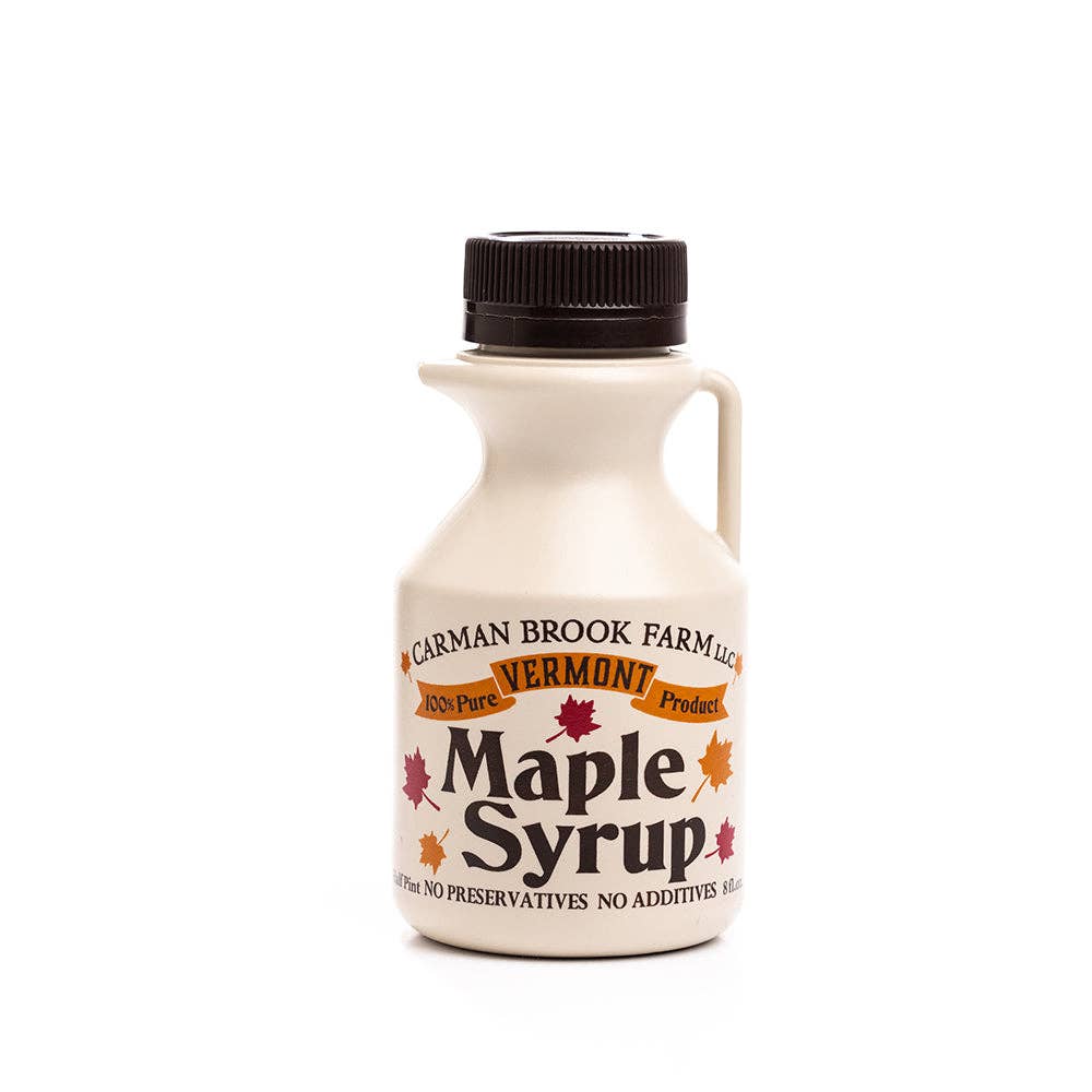 Carman Brook Farm Vermont Maple Syrup in a half-pint bottle, amber rich taste, pure table syrup with natural maple flavor.
