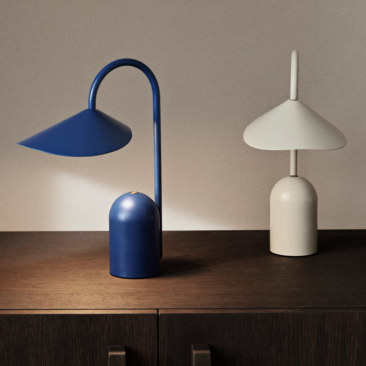 Ferm Living Arum Portable Lamp in bright blue, stylish home lighting with a soft, curved design and cashmere-inspired finish.