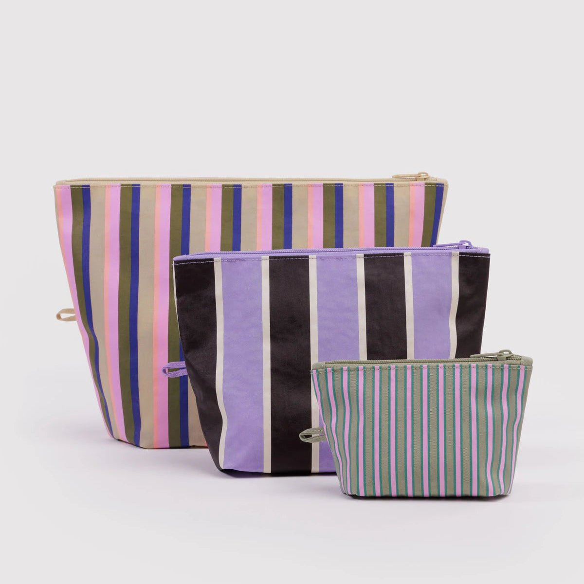 Three striped bags in different sizes on a white background