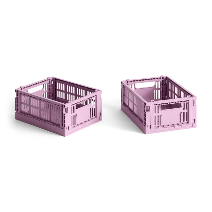 Set of two mini HAY Colour Crate storage boxes in vibrant colors for organization and versatile storage.