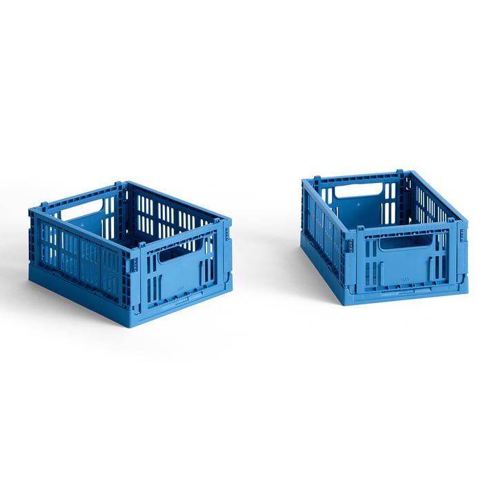 Mini HAY Colour Crate Set of 2 for storage and organization, with vibrant, colorful plastic crates in different sizes.