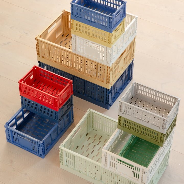 Set of two mini HAY Colour Crate storage bins in vibrant colors, ideal for organizing small items and stylish home storage.