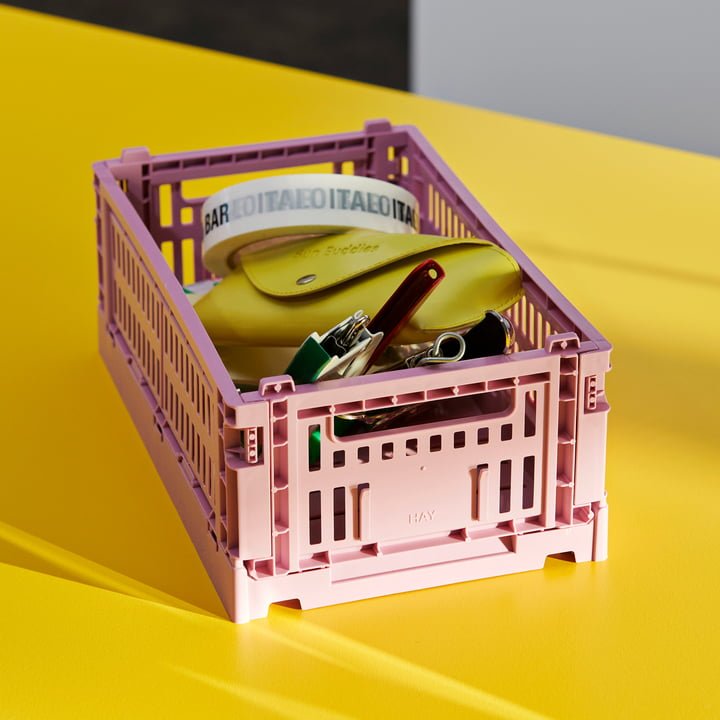 Set of two HAY Mini Colour Crates for storage and organization in vibrant colors, perfect for decluttering and decorative display.