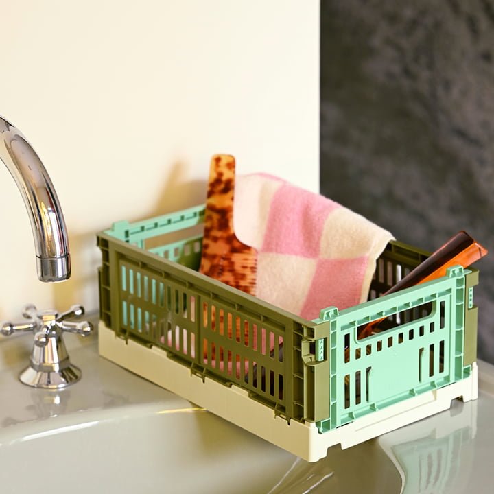 Set of 2 HAY Mini Colour Crate storage baskets for organization, featuring vibrant colors and compact design.