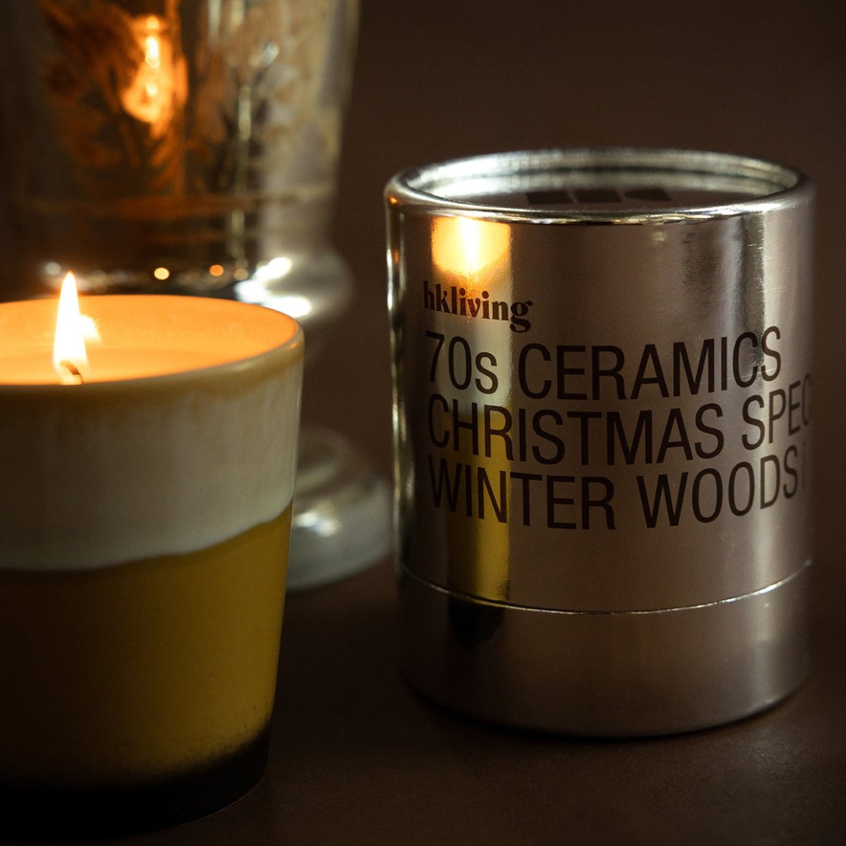 HKliving 70s Ceramics Christmas Serveware candle featuring winter woods design for festive holiday decor.