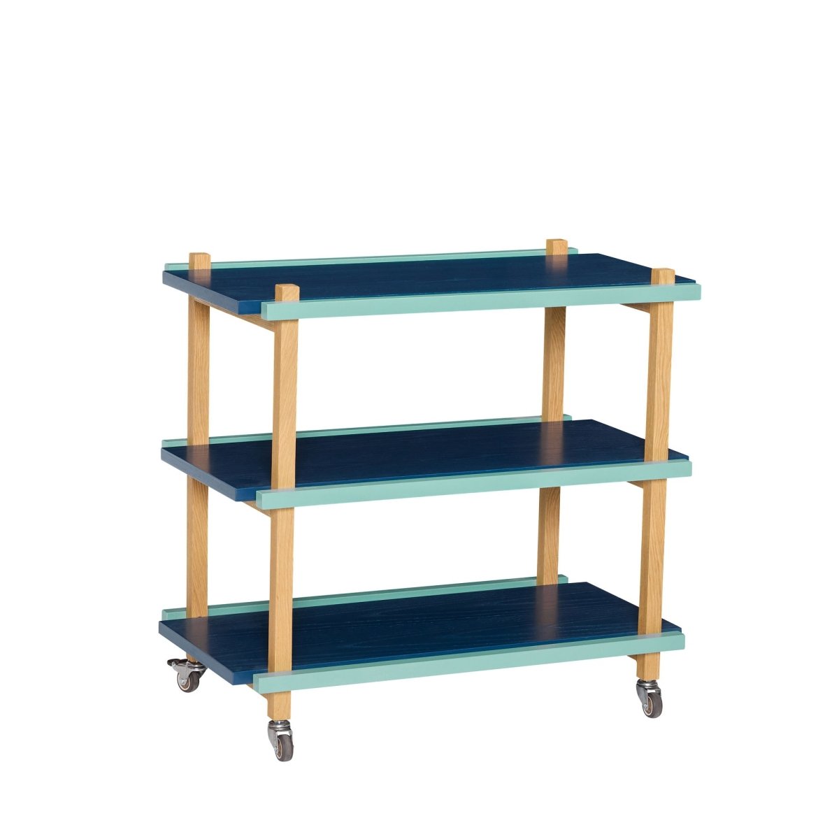 Multicolored Crayon Trolley by Hübsch, vibrant furniture piece with multiple compartments and wheels for versatile storage.