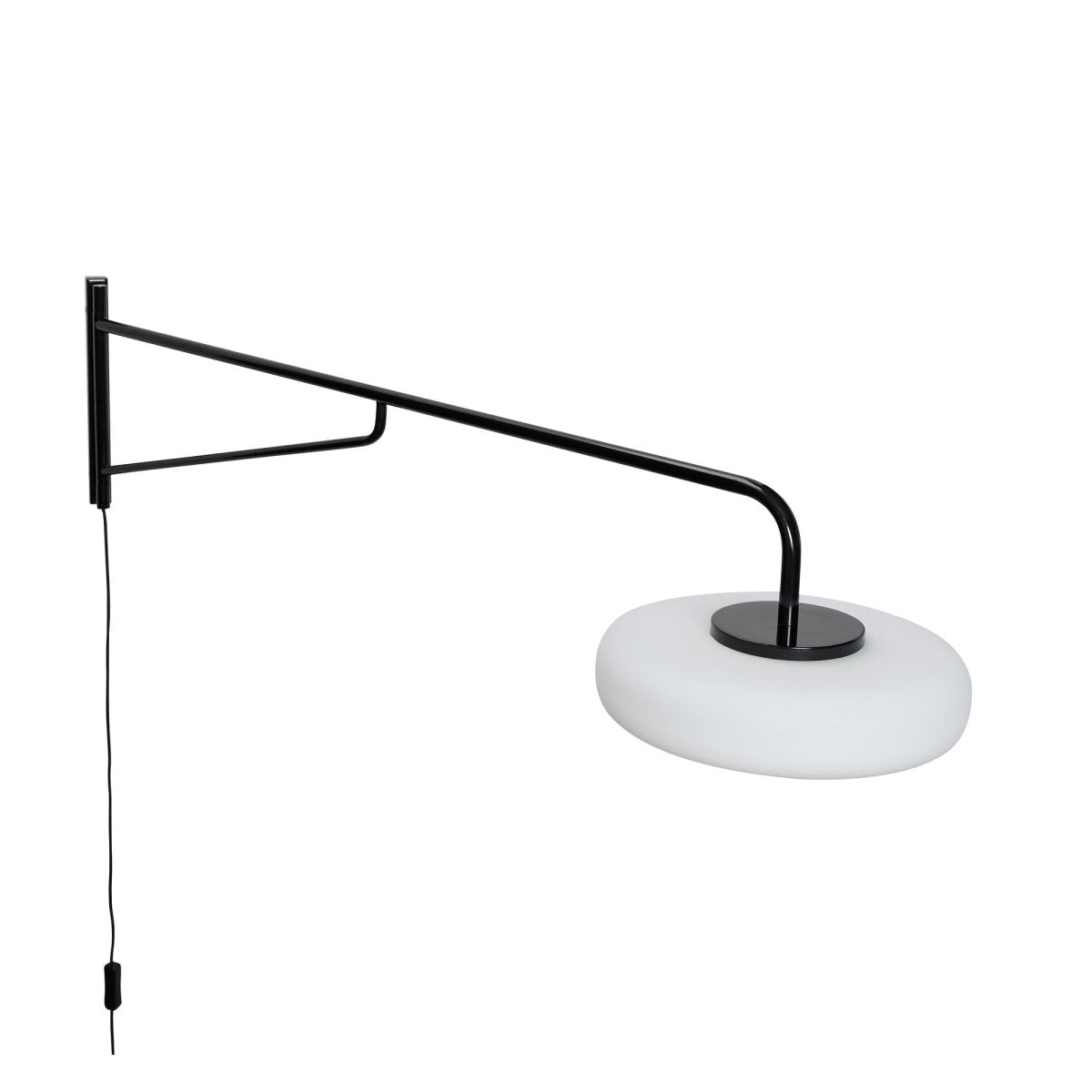 Black Hübsch Sway Wall Lamp mounted on a wall, showcasing its modern lighting design and sleek black finish.
