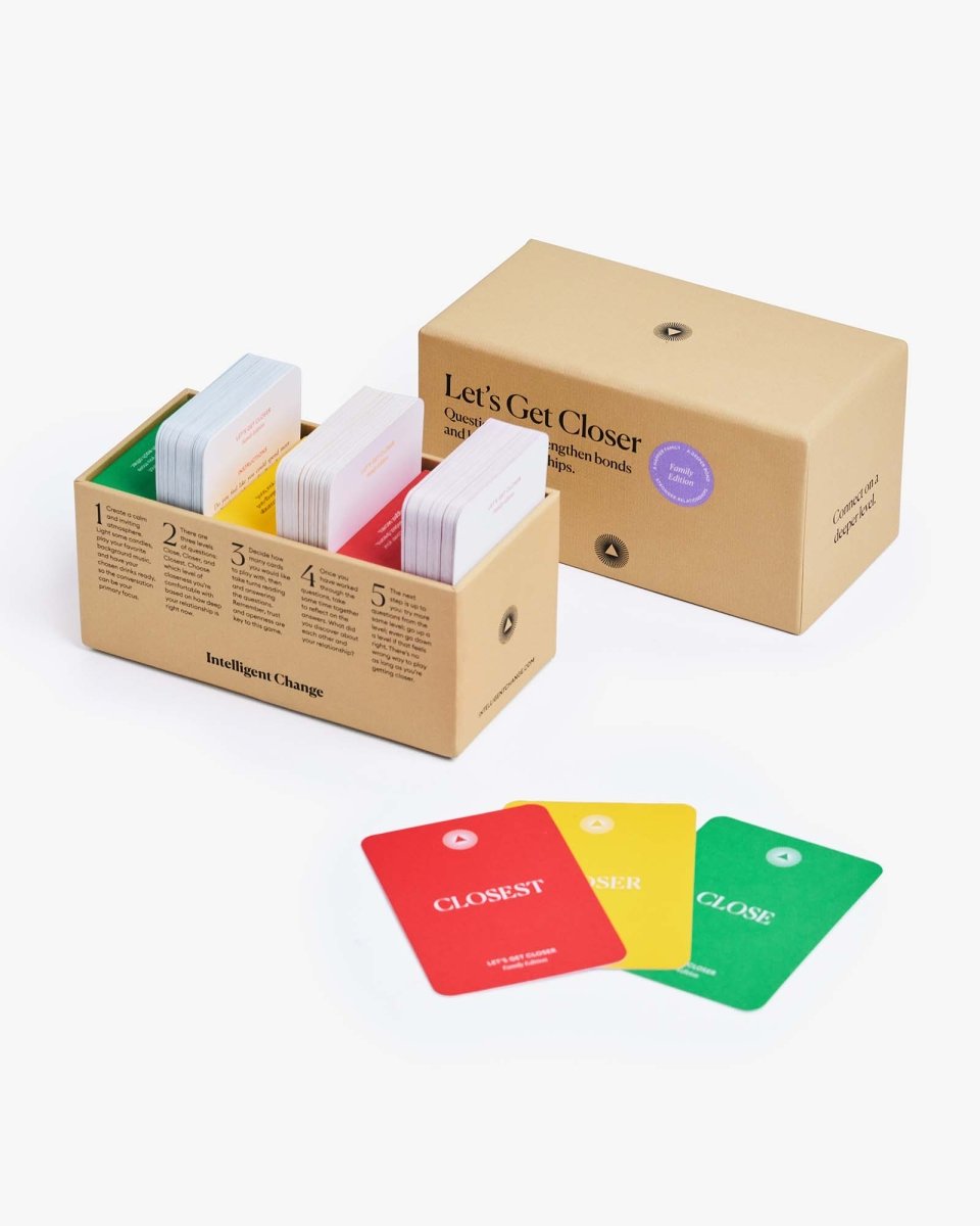 Let's Get Closer Family Edition bonding question card game by Intelligent Change, featuring colorful cards for family bonding.