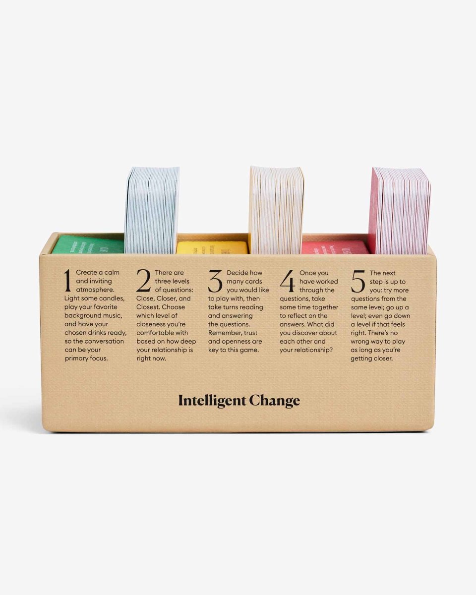 Let's Get Closer Family Edition bonding question card game by Intelligent Change, featuring colorful question cards for family connection.