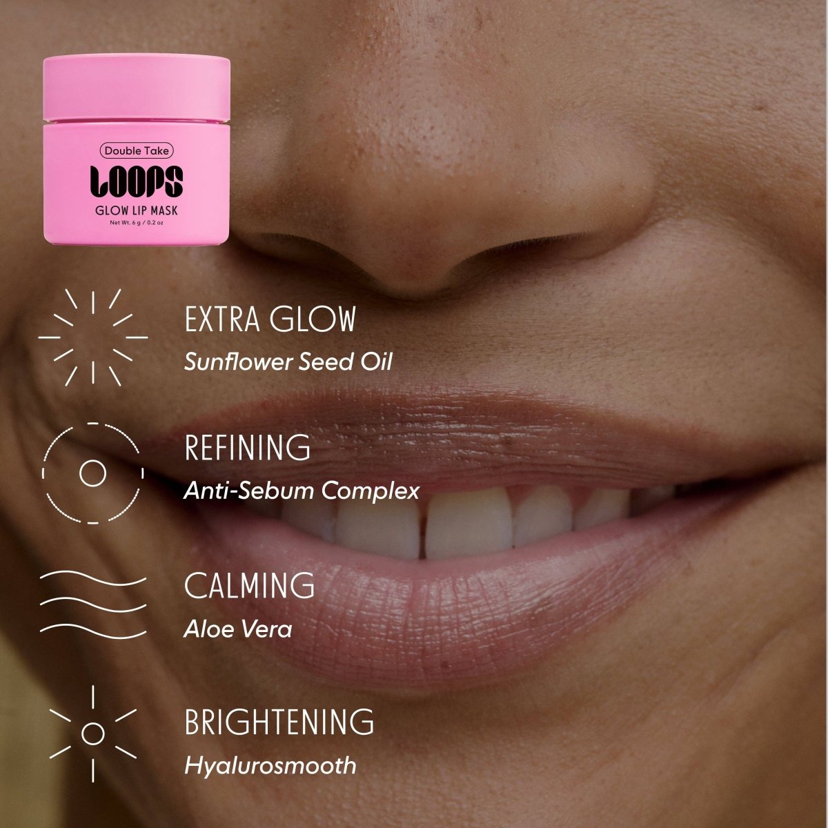 LOOPS Double Take Mini Lip Mask in a small jar, showing smooth, hydrating lip treatment for soft, nourished lips.