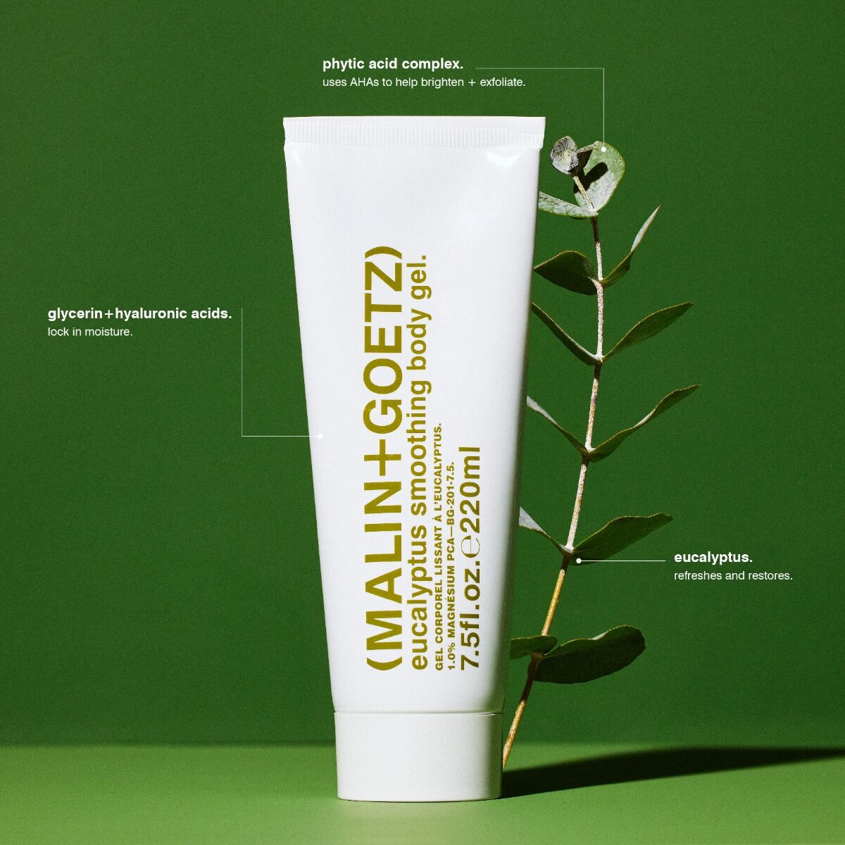 Malin+Goetz Eucalyptus Smoothing Body Gel in 220ml bottle, hydrating skincare with fresh eucalyptus scent