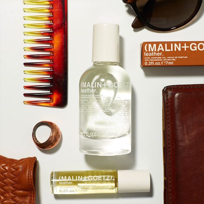 MALIN+GOETZ Leather Eau de Parfum 50ml bottle, close-up of the sleek glass container with leather-inspired design.