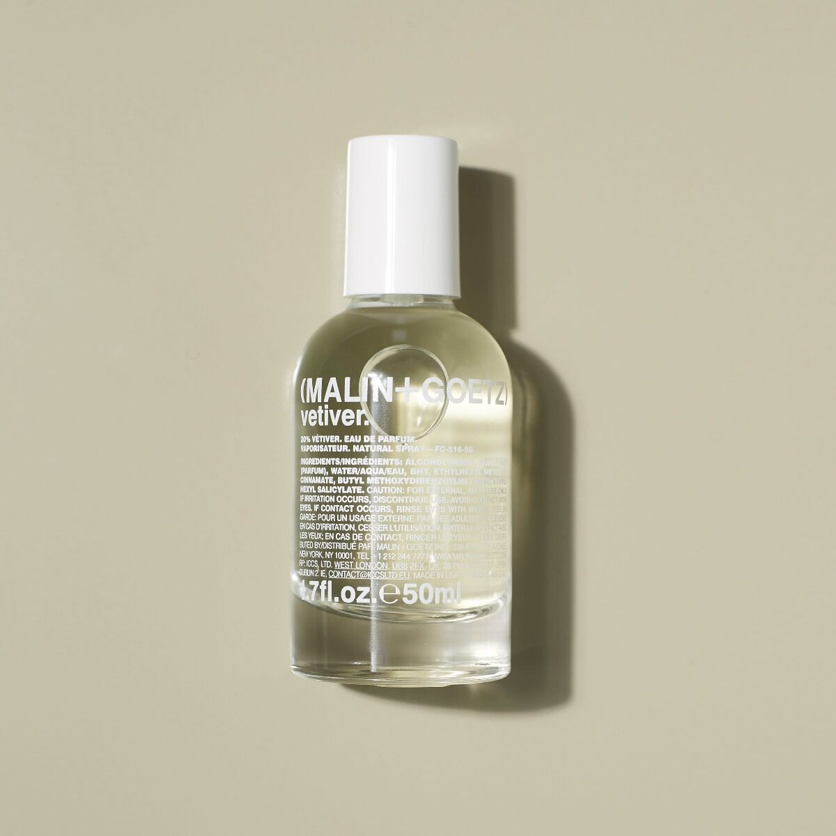 Malin+Goetz Vetiver Eau De Parfum 50ml bottle with sleek design, showcasing the elegant fragrance for men and women.