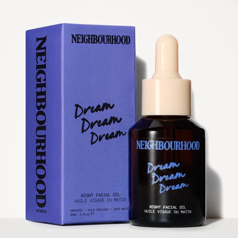 Hallesches Haus Mum's Morning to Midnight skincare gift set with Neighbourhood Botanicals Dream Night Facial Oil, 30ml, in elegant packaging.