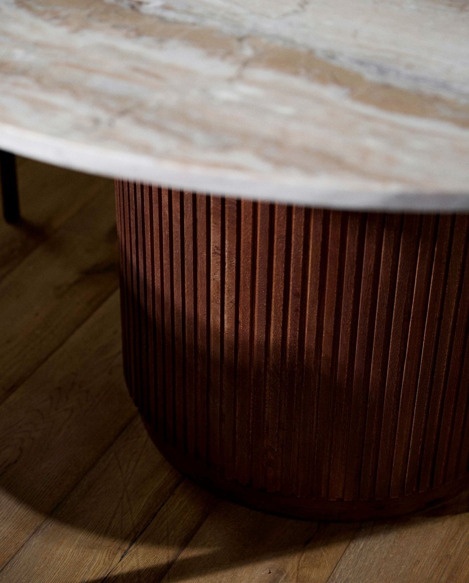 Nordal A/S ERIE round dining table, 140cm, wood finish with elegant ivory marble tabletop for modern dining spaces.