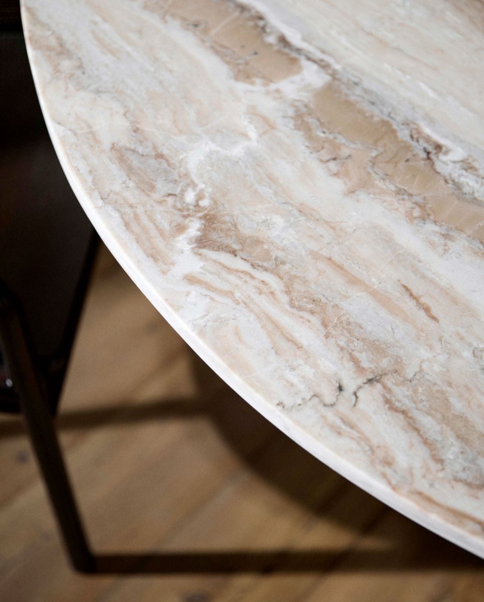 Nordal A/S Erie round dining table with 140cm wood finish base and elegant ivory marble tabletop for stylish dining spaces.