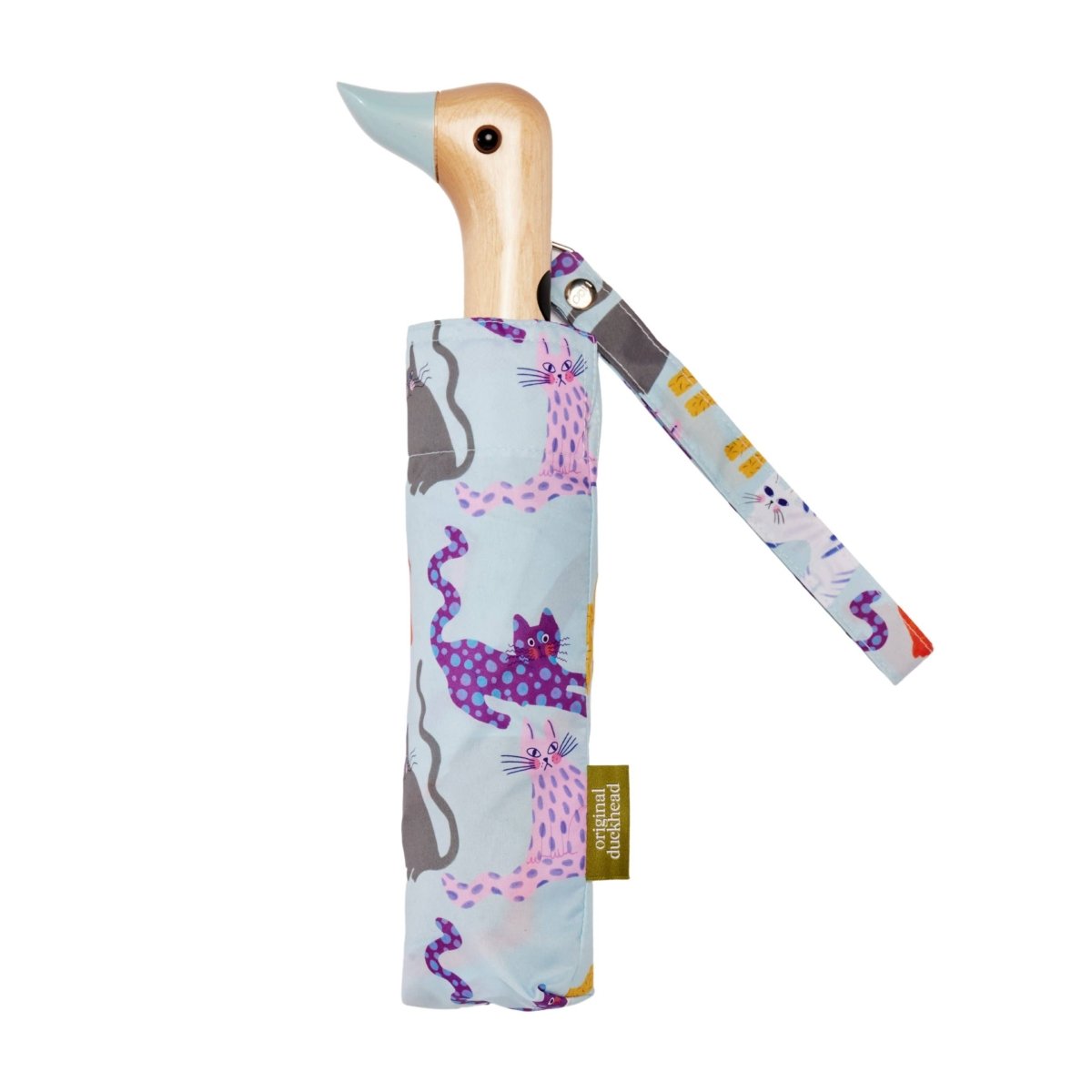 Blue Ice Arty Cats Duck umbrella by Original Duckhead EU, showcasing a colorful, cartoon-style cat design on a compact accessory umbrella.