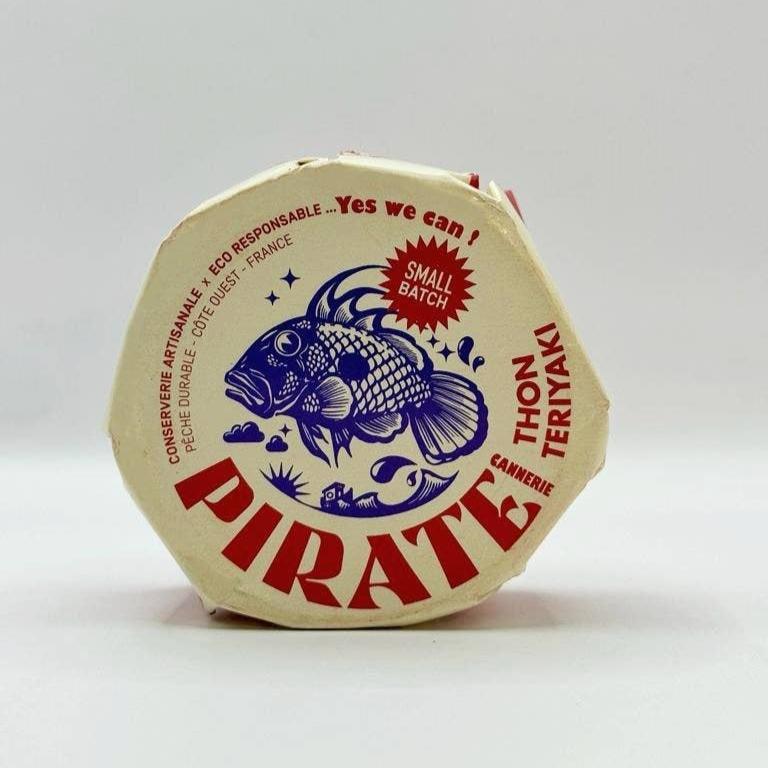 Pirate Cannerie Teriyaki Tuna snack food in a can, showcasing the ready-to-eat tuna with teriyaki sauce.