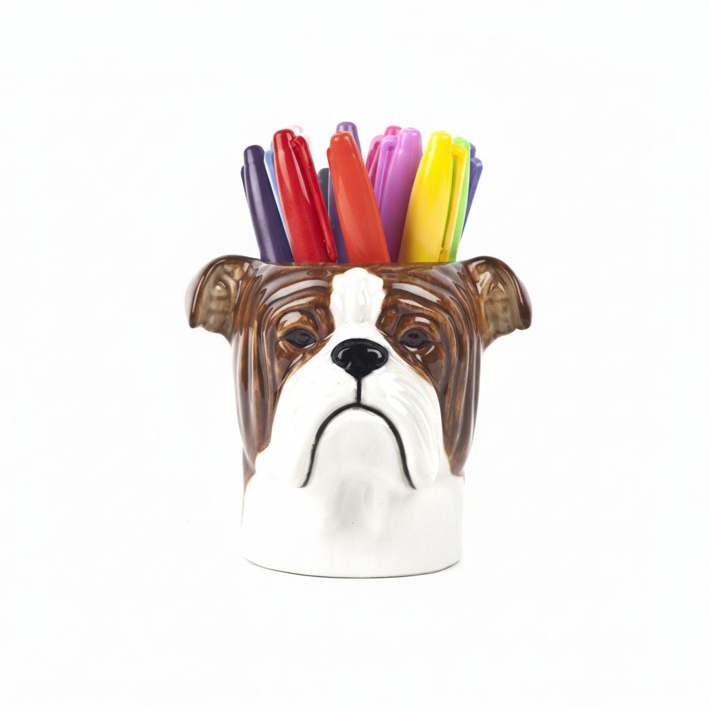Dog-shaped pen holder with colorful markers on a white background