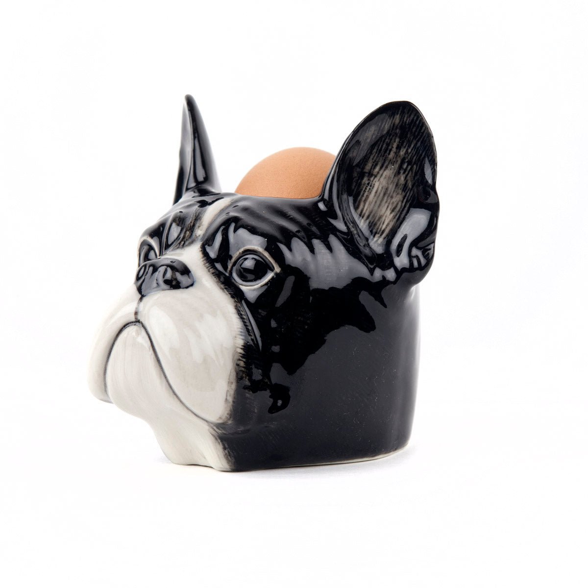 French Bulldog face egg cup by Quail Ceramics, kitchen accessory featuring a detailed ceramic Bulldog face for holding eggs