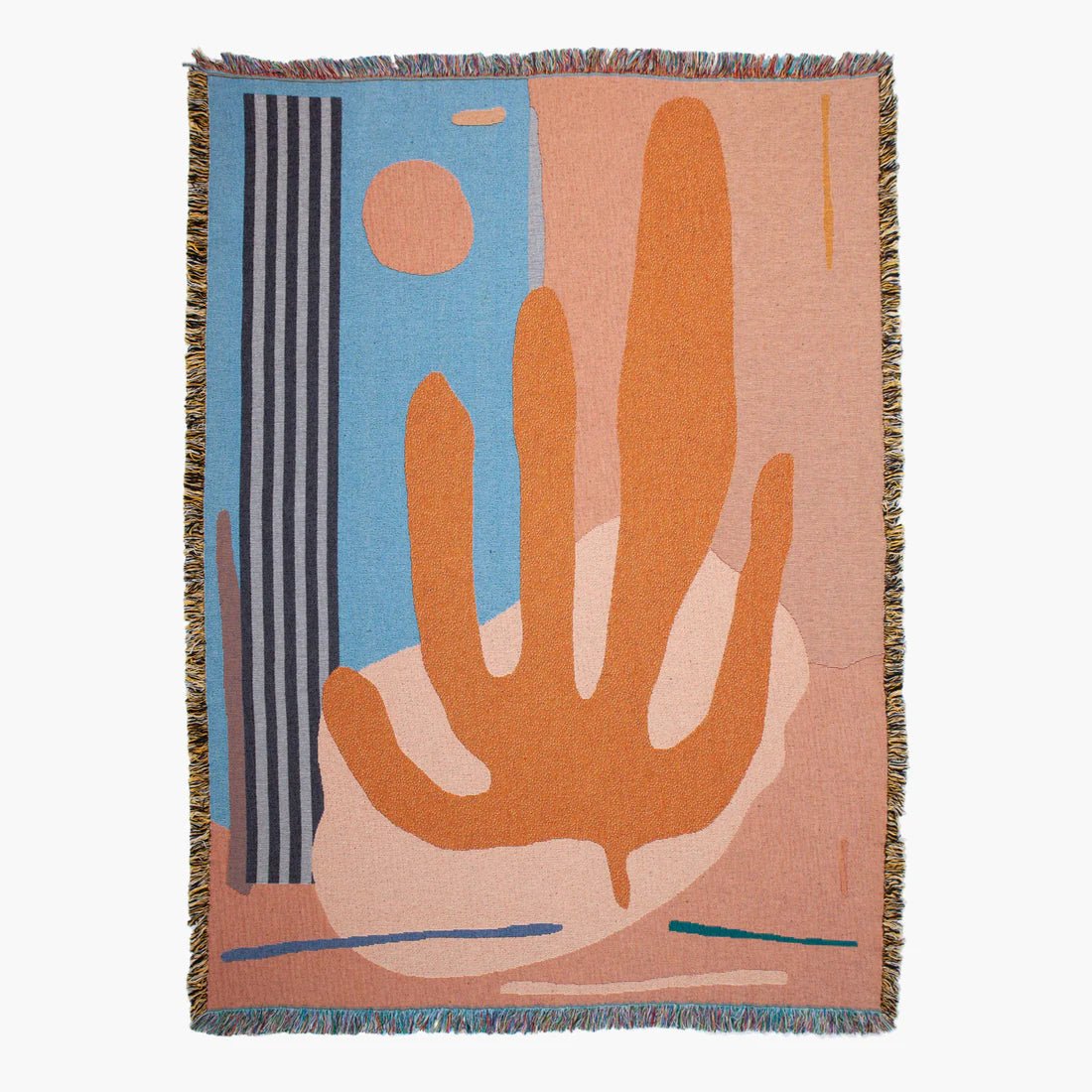 Earth tone woven blanket with an abstract desert landscape