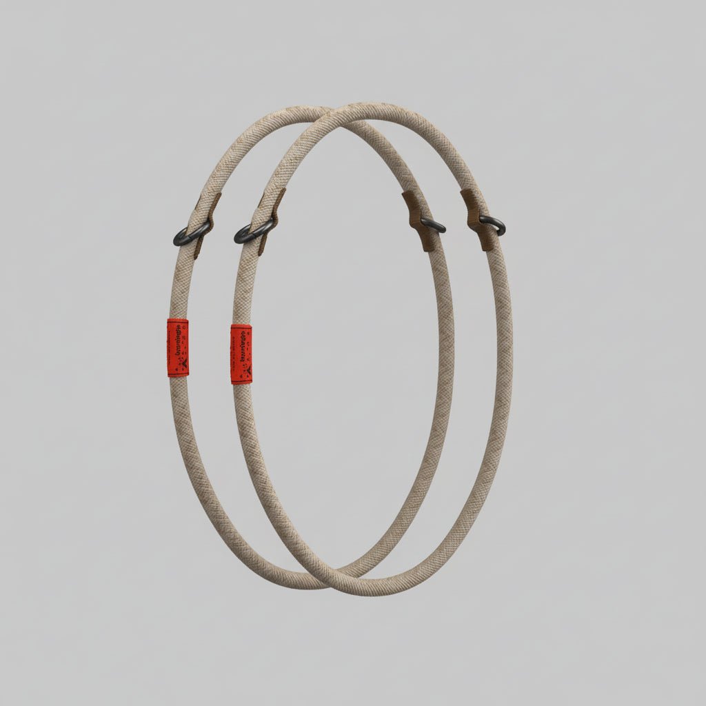 Two circular loop straps with red tags on a gray background