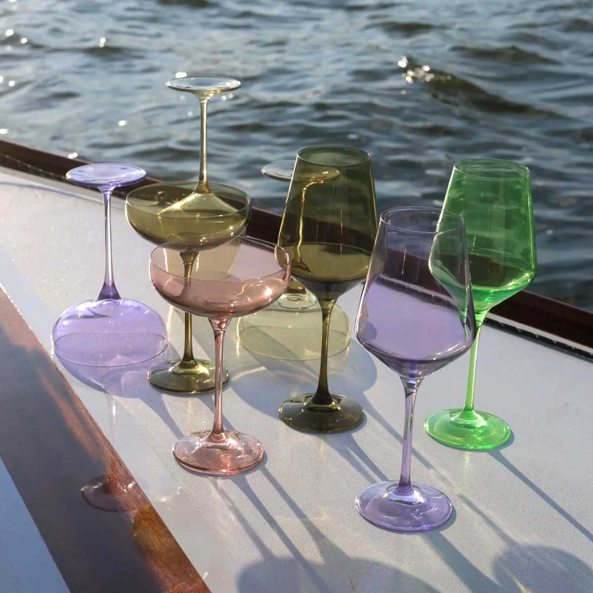 Set of 2 coloured wine glasses by Ufer Glassware featuring a Shadow Moon design, elegant and vibrant for special occasions.