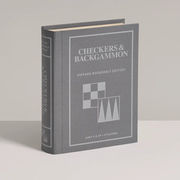 Vintage Bookshelf Edition checkers and backgammon set by WS Game Company, featuring classic game pieces on a wooden board.