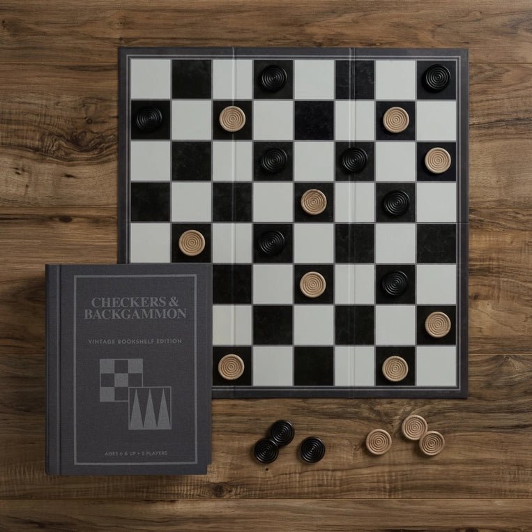 Vintage Checkers and Backgammon set from WS Game Company in a bookshelf edition, featuring classic game pieces and wooden boards.
