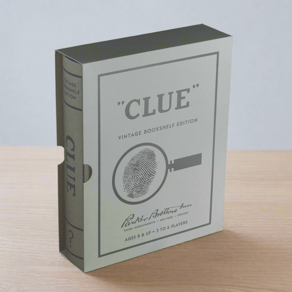 Clue board game Vintage Bookshelf Edition by WS Game Company featuring a classic game box with vintage book design.