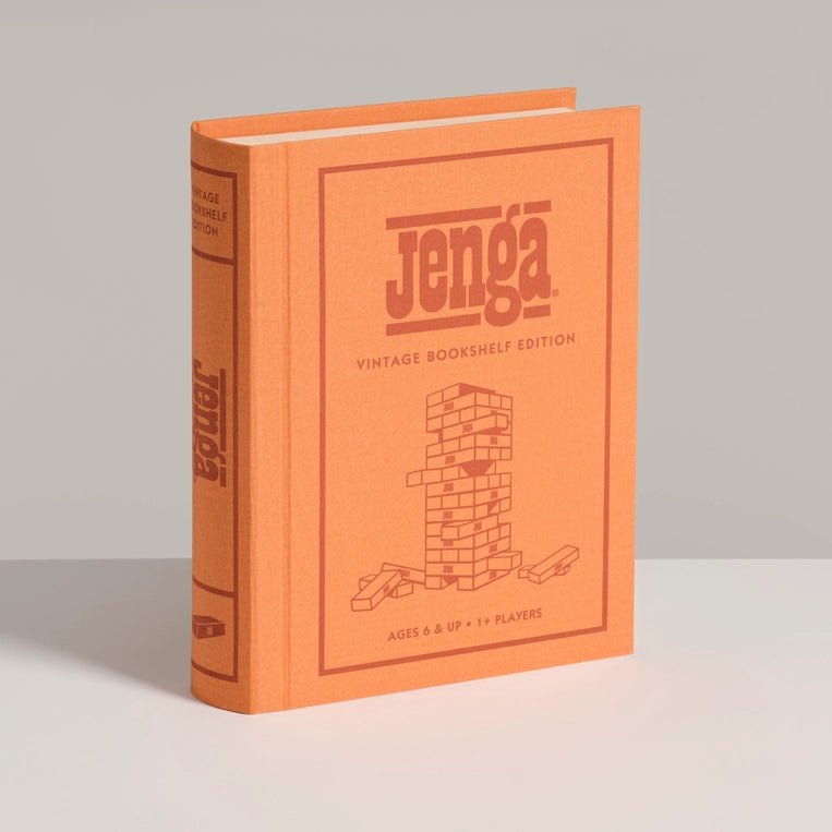 Wooden Jenga game from WS Game Company’s Vintage Bookshelf Edition, featuring stacked blocks with a vintage bookshelf design.