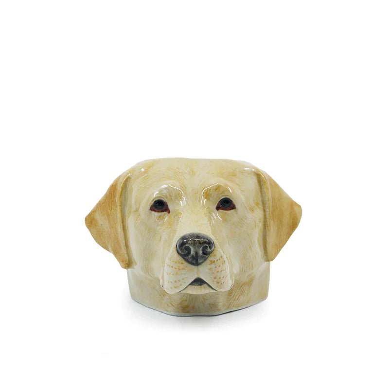 Golden Labrador face egg cup by Quail Ceramics, featuring a detailed Labrador dog design with a golden finish.