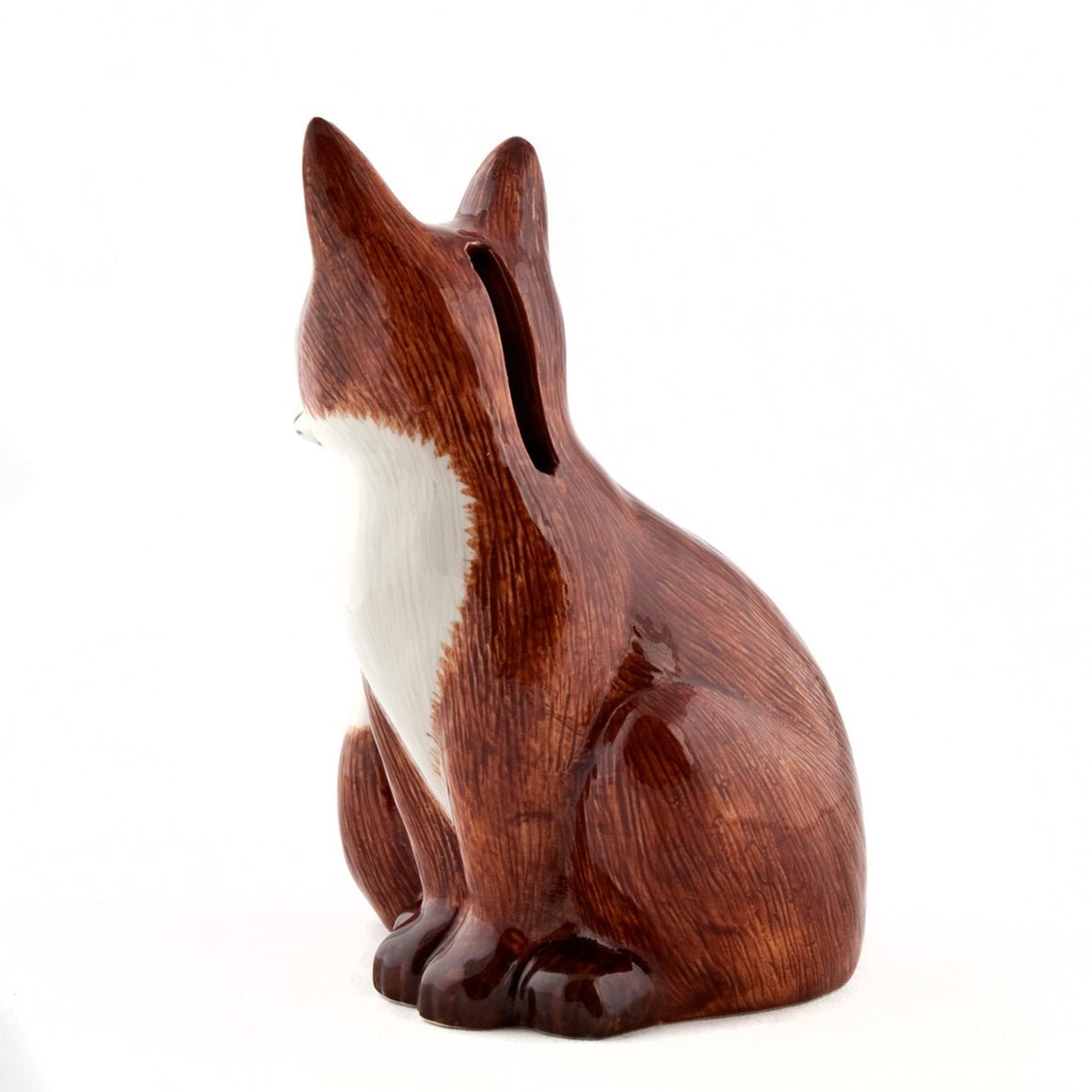 Ceramic Fox Money Box by Quail Ceramics featuring a detailed fox design and a coin slot on top.