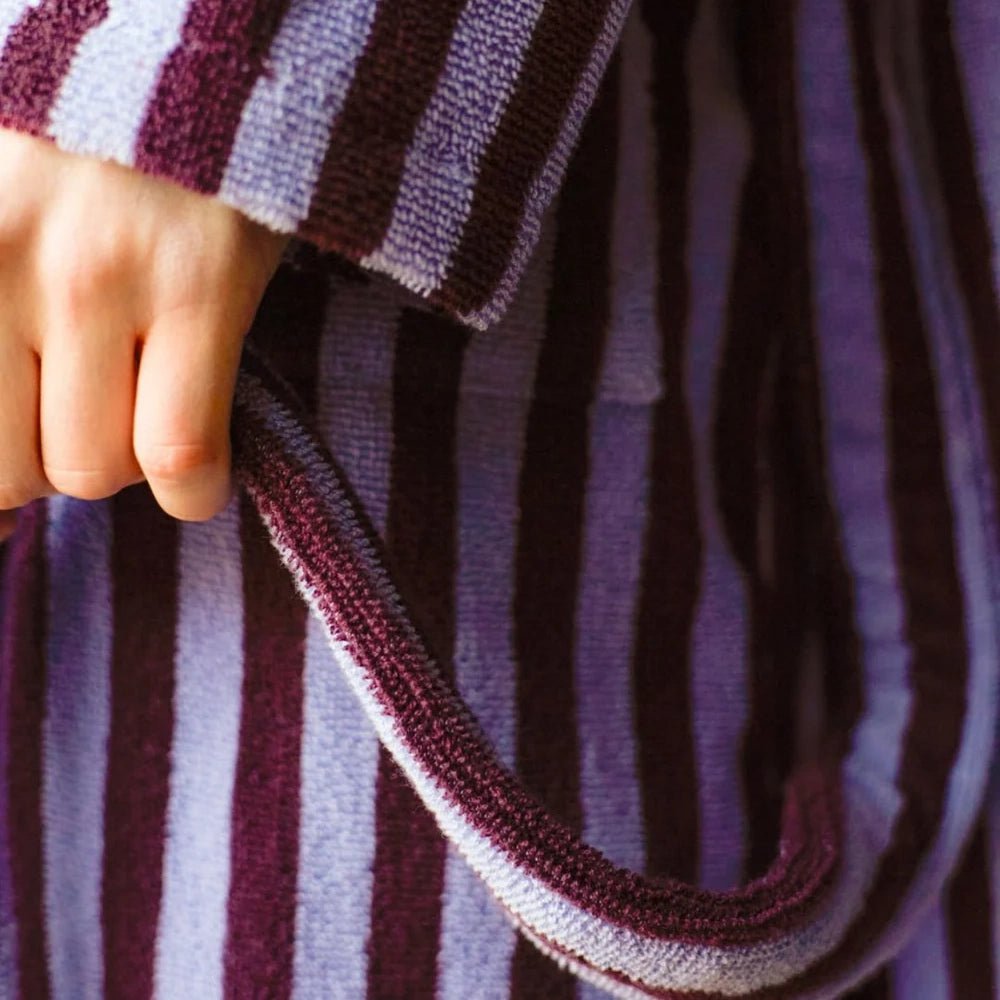 Bongusta Naram Bathrobe in wine and lavender blue, soft plush bathroom robe with a cozy fit and elegant design.