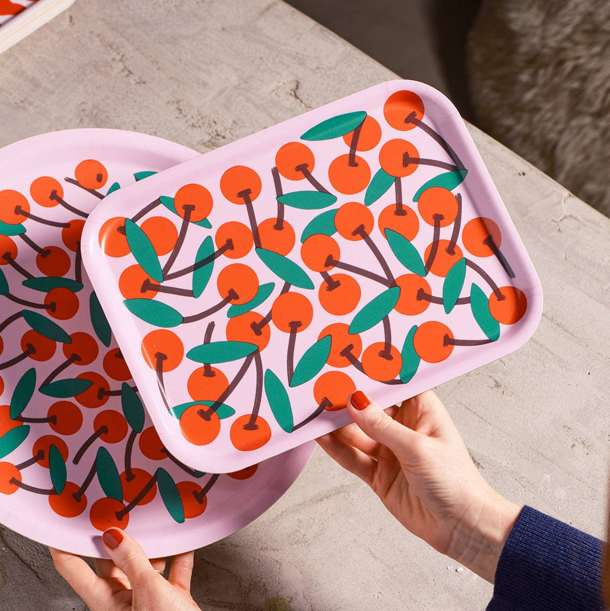 Cherries Pink Serving Tray (Small)
