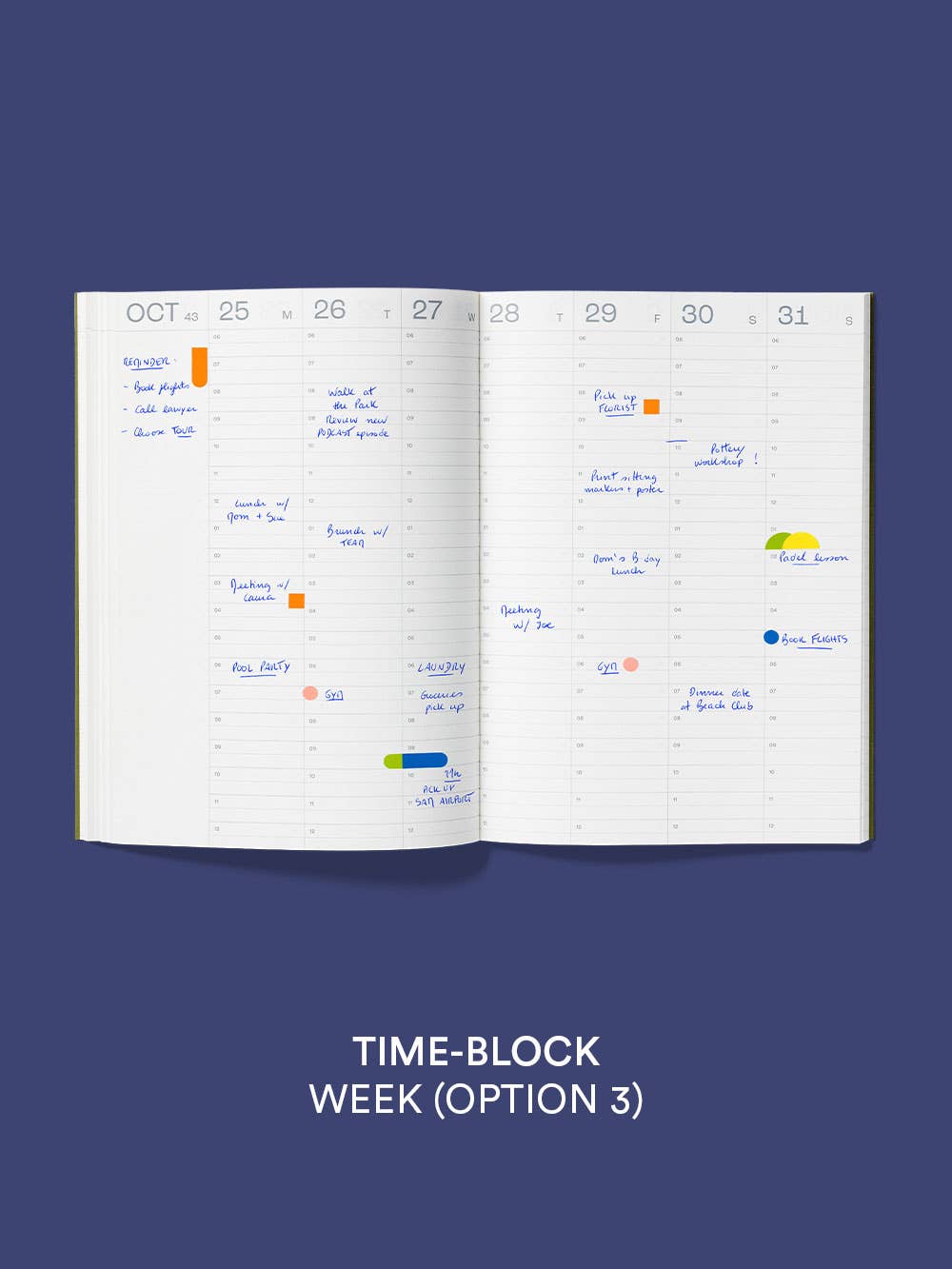 Dusty pink 2027 mishmash planner with time-block layout, showing weekly pages and date headers.