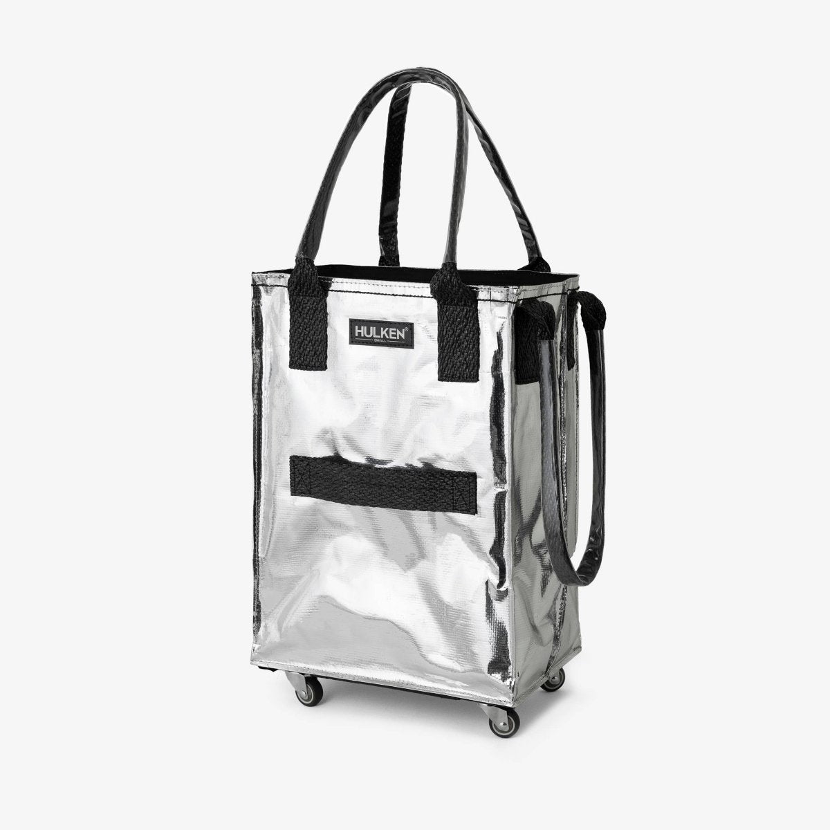 Small silver Hulken Bag with sleek design and metallic finish, perfect for carrying essentials.