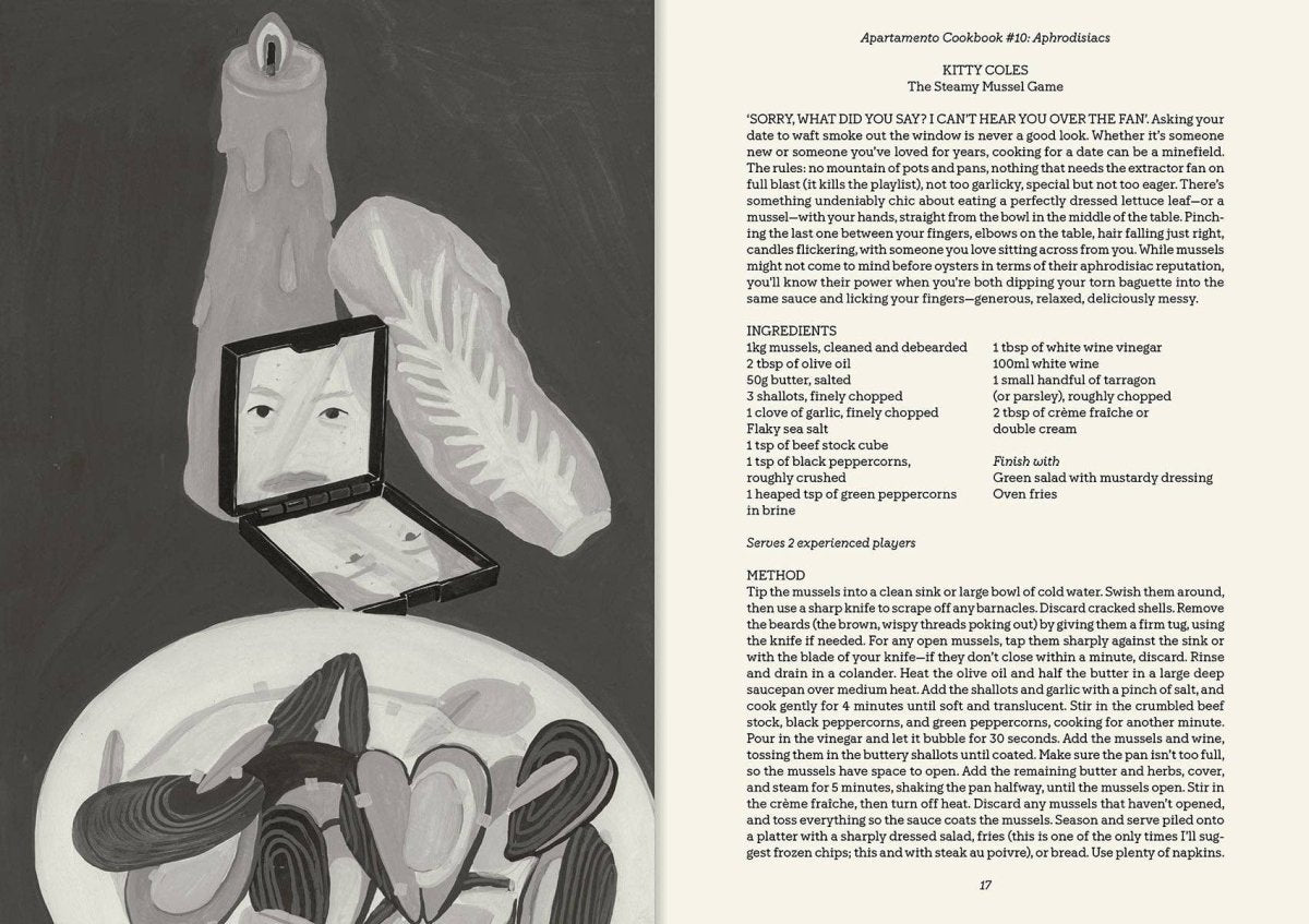 Apartamento Cookbook #10: Aphrodisiacs book by Apartamento Publishing showing a cover with romantic food ingredients and culinary illustrations.