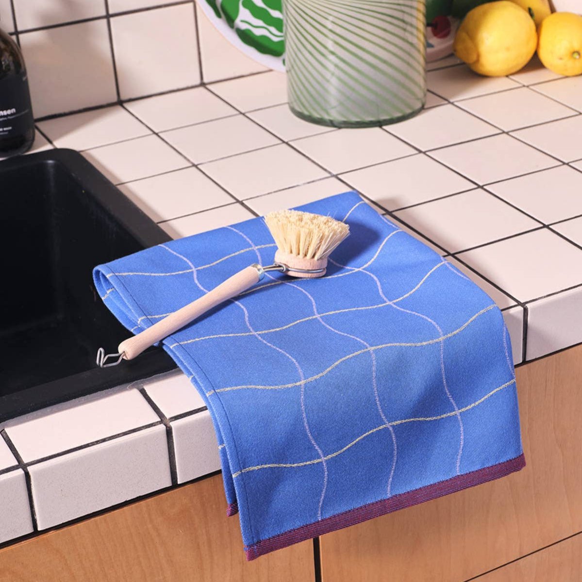 Wave Grid Blue Woven Cotton Tea Towel