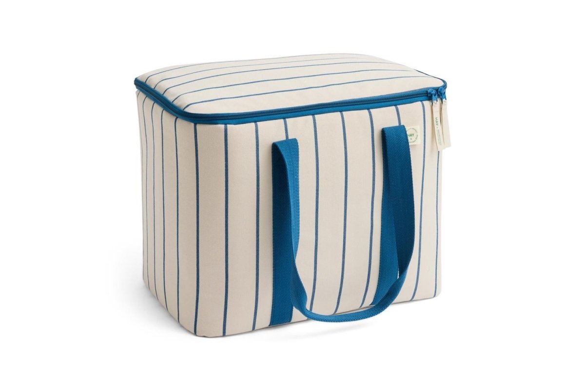 HAY outdoor medium beige cooler bag with blue stripe, insulated fabric for keeping drinks and food cool.
