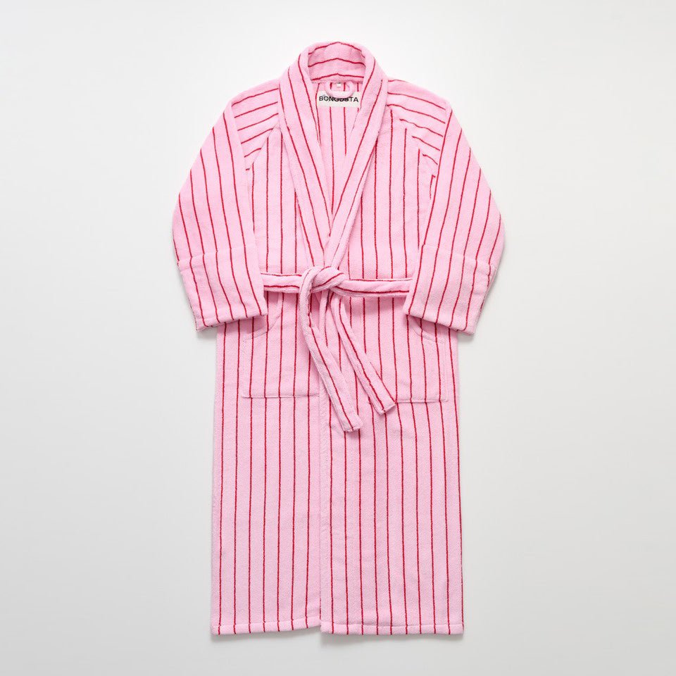 Bongusta Naram bathroom bathrobe in baby pink and ski patrol red, soft and cozy for comfortable lounging or bath time.