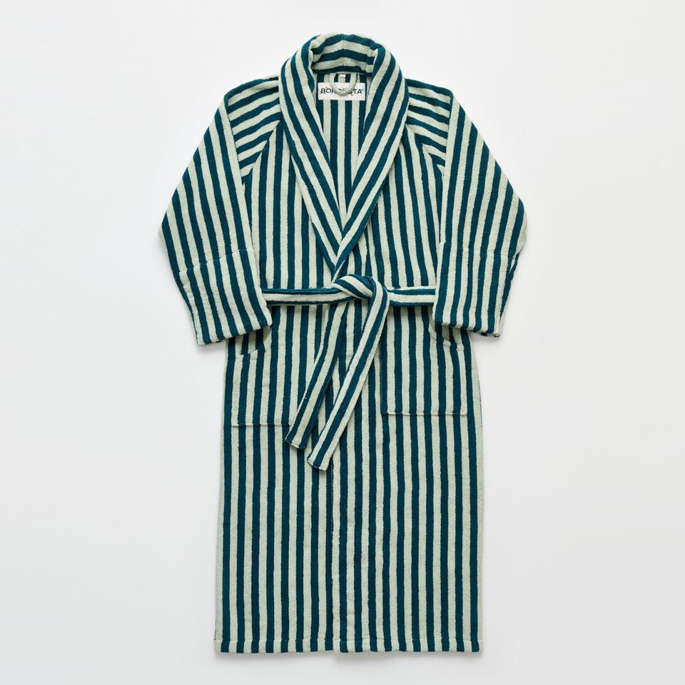 Bongusta Naram bathroom bathrobe in sea foam and deep teal, soft fabric with a relaxed fit and cozy design.