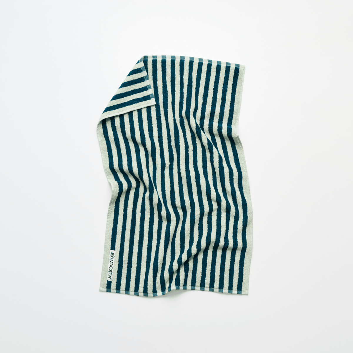 Bongusta Naram bathroom hand towel in sea foam and deep teal, soft cotton with textured striped pattern.